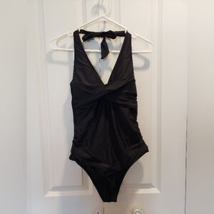3/$25 One Piece Swimsuit Solid Black Halter V-Neck Ruched Open Back Size M
